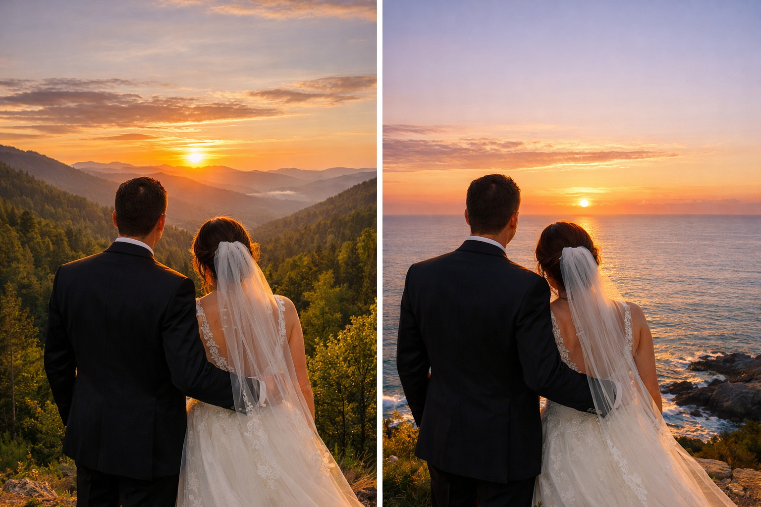 Wedding Couple at Sunset Over Mountain and Ocean-1