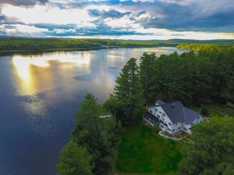Wolf Cove Inn, Maine, Maine Inn, Guest lodging, bed and breakfast in Maine, Maine lodging, wedding hotel, romantic getaway, romantic getaway in Maine, rustic wedding, new england wedding, drone view, lake, 